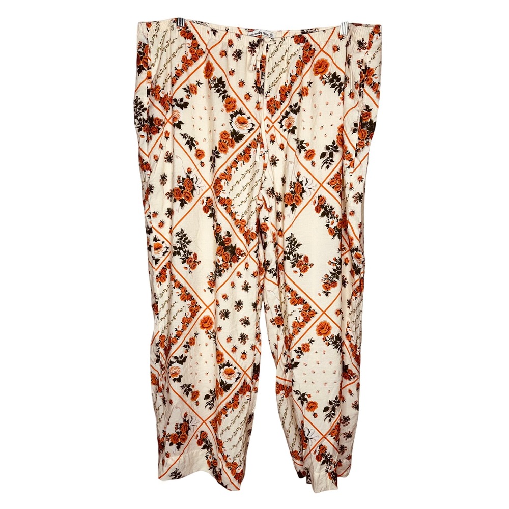 Abercrombie & Fitch Floral Diamond Print Wide Leg Pants Orange Cream XL Short